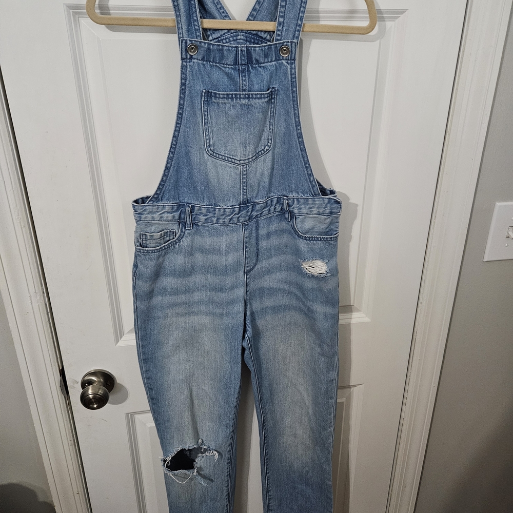 Children's Place Size 14 Light Blue Denim Overalls with Distressed Details